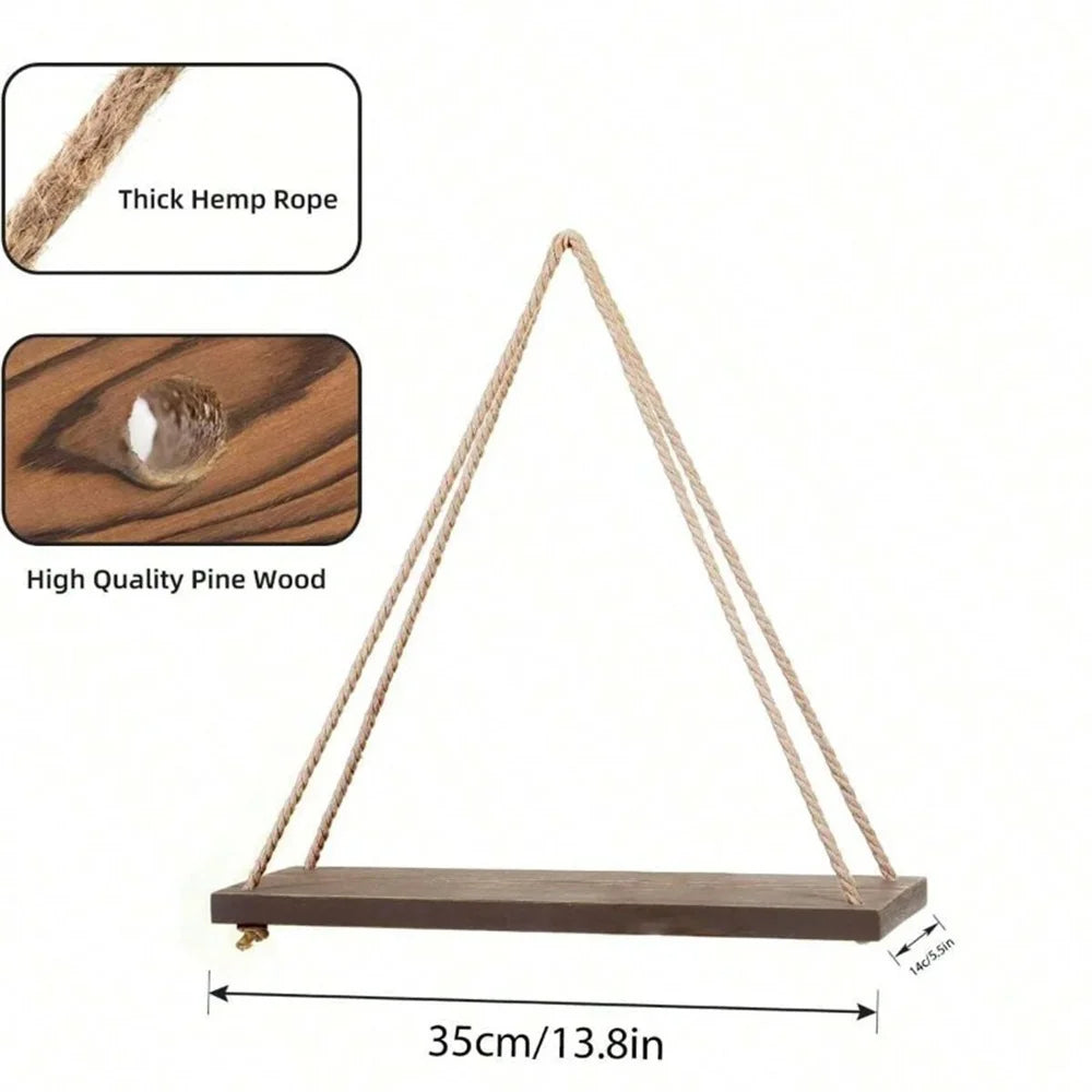 Étagère Suspendue en Bois & Corde de Chanvre – Support Plantes Murale