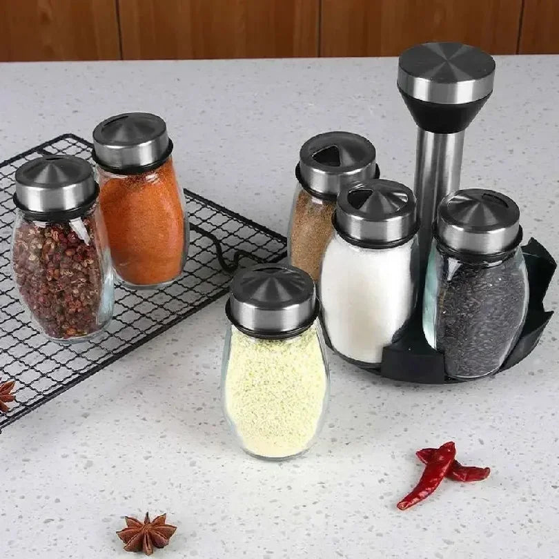 Set 7 Bocaux À Épices en Verre avec Tourniquet – Sel, Poivre & Condiments