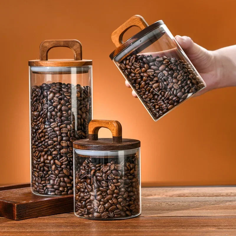 Bocaux en Verre Hermétiques Couvercle Bois – Café, Céréales & Garde-Manger