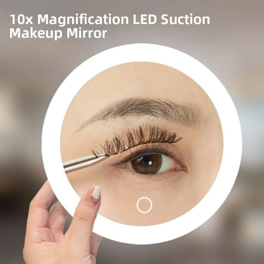 Miroir de Maquillage LED Grossissant x10 – Rechargeable, Ventouses & Éclairage Intégré