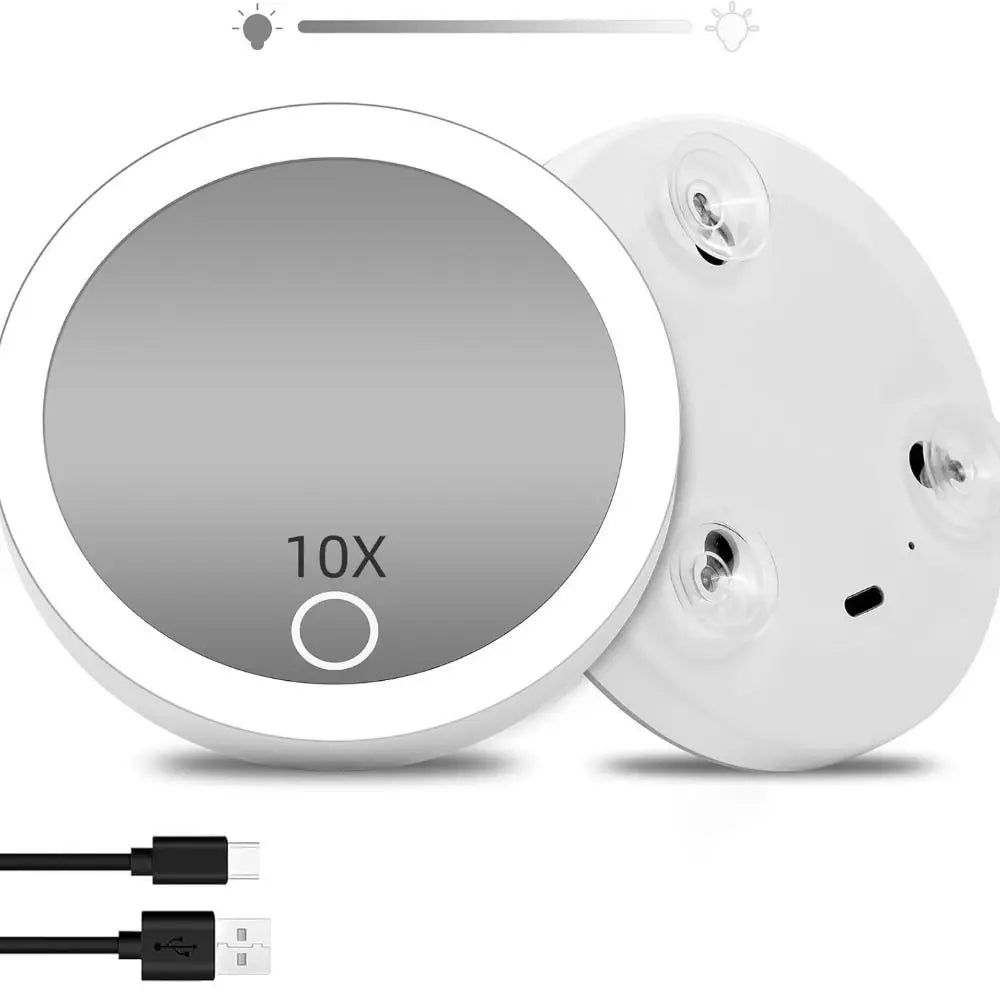 Miroir de Maquillage LED Grossissant x10 – Rechargeable, Ventouses & Éclairage Intégré