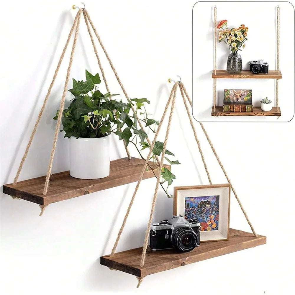 Étagère Suspendue en Bois & Corde de Chanvre – Support Plantes Murale