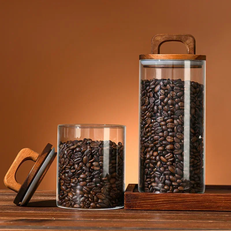 Bocaux en Verre Hermétiques Couvercle Bois – Café, Céréales & Garde-Manger