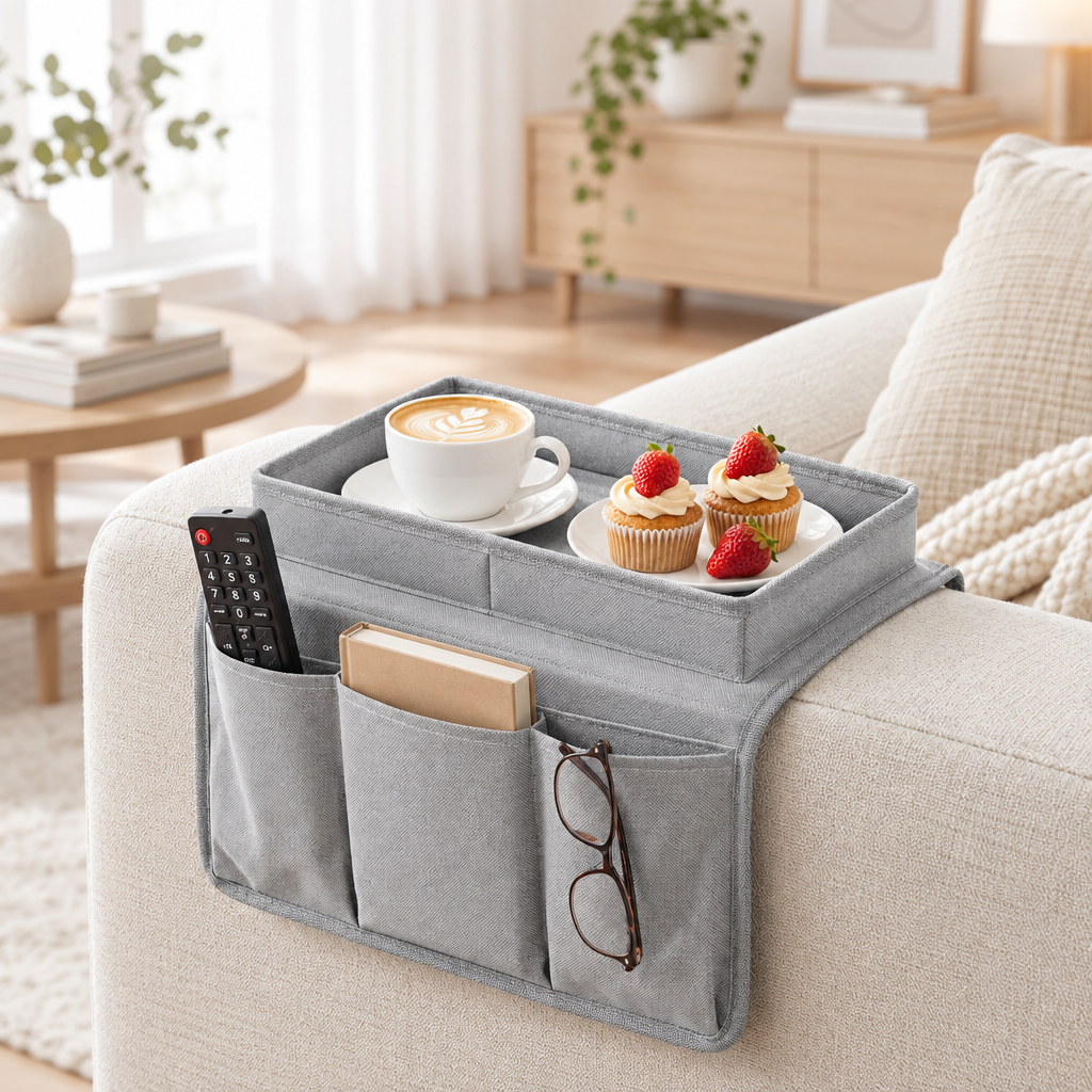 Organiseur accoudoir canapé gris avec plateau et poches de rangement