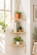 Étagère murale macramé bohème bois et corde avec plantes