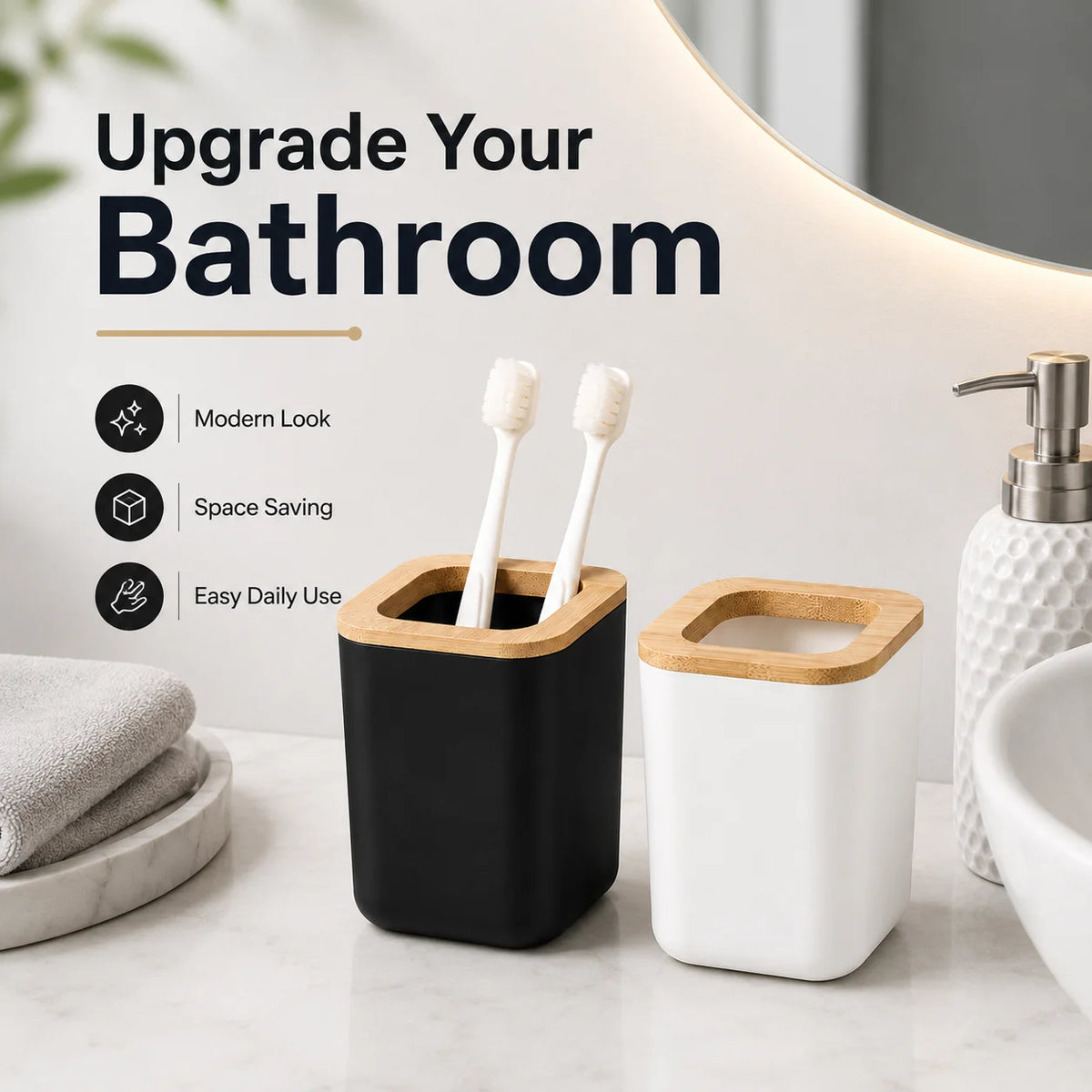 Porte-Brosses & Organisateur de Comptoir en Bambou – Salle de Bain Éco-Design